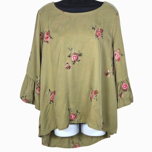 John Mark Tops - John Mark XL Green Floral Embroidered Tunic Top With Bell Sleeves